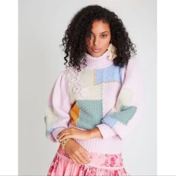 LoveShackFancy Allan Patchwork Turtleneck Sweater Pullover Size M in Autumn Fest